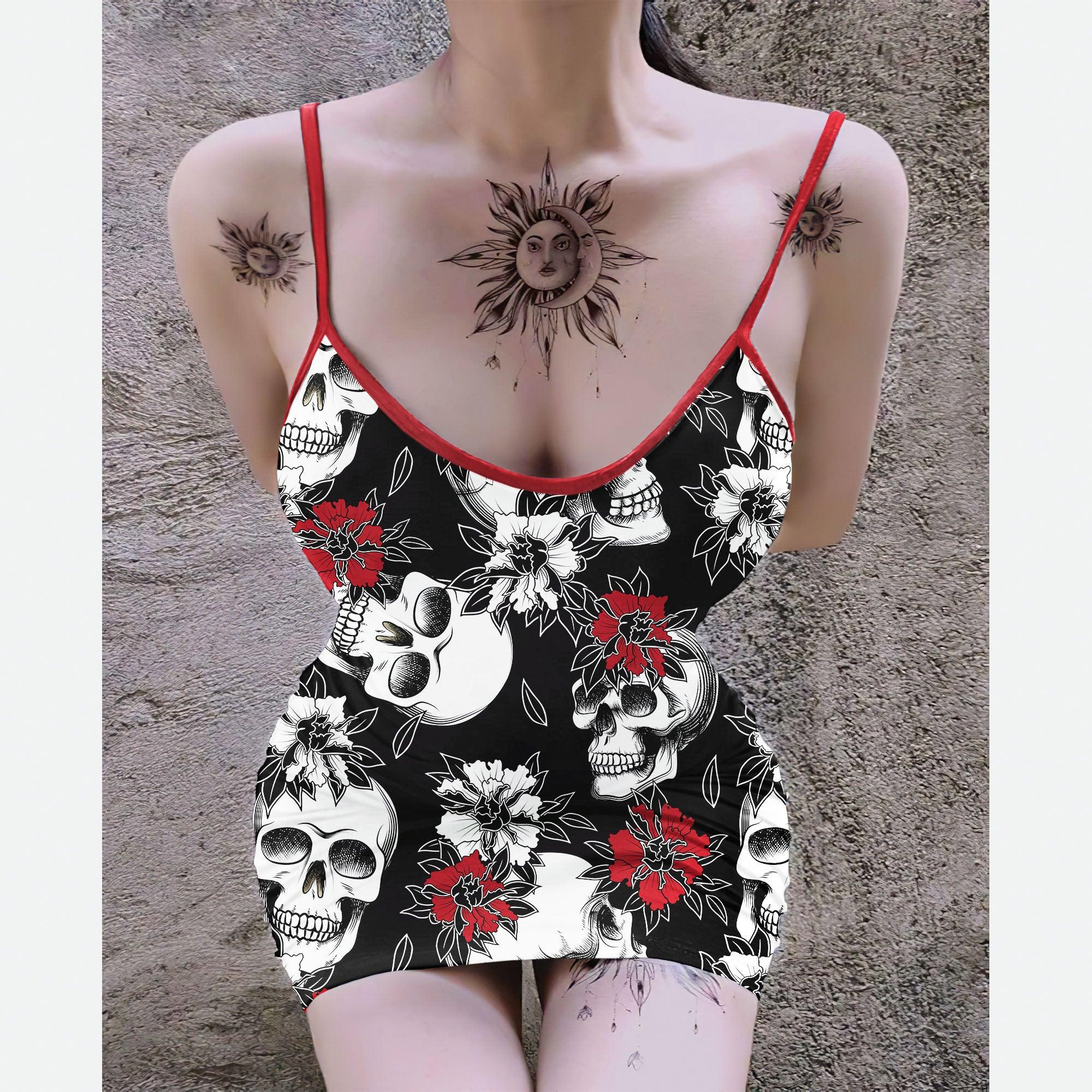 Dark Skull Roses Printed Body Dress, Naughty Sleeveless Minidress For Women-Wonder Skull