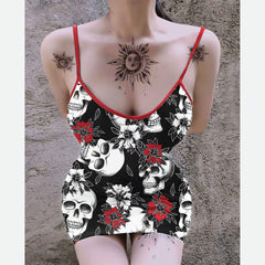 Dark Skull Roses Printed Body Dress, Naughty Sleeveless Minidress For Women-Wonder Skull