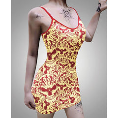 Dark Yellow Skull Pattern Printed Body Dress, Naughty Sleeveless Minidress For Women-Wonder Skull