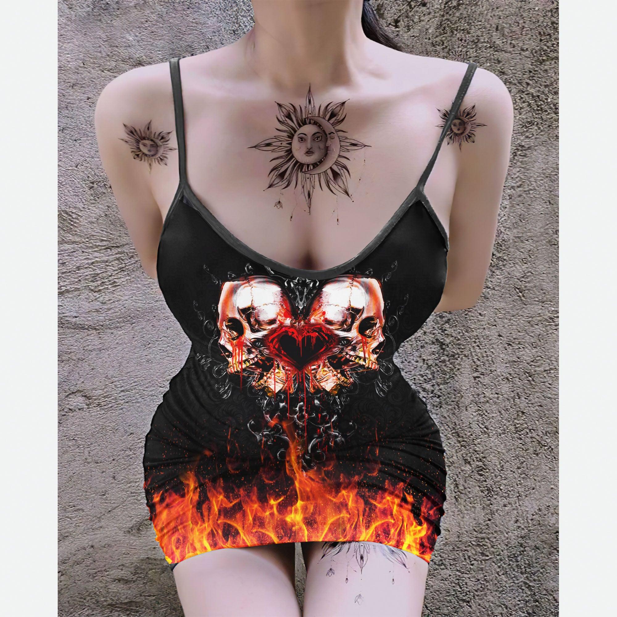 Fire Double Skull Heart Printed Body Dress, Naughty Sleeveless Minidress For Women-Wonder Skull