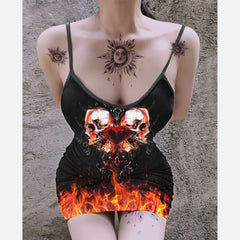 Fire Double Skull Heart Printed Body Dress, Naughty Sleeveless Minidress For Women-Wonder Skull