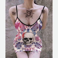 Fuchsia Negative Skull Printed Body Dress, Naughty Sleeveless Minidress For Women - Wonder Skull