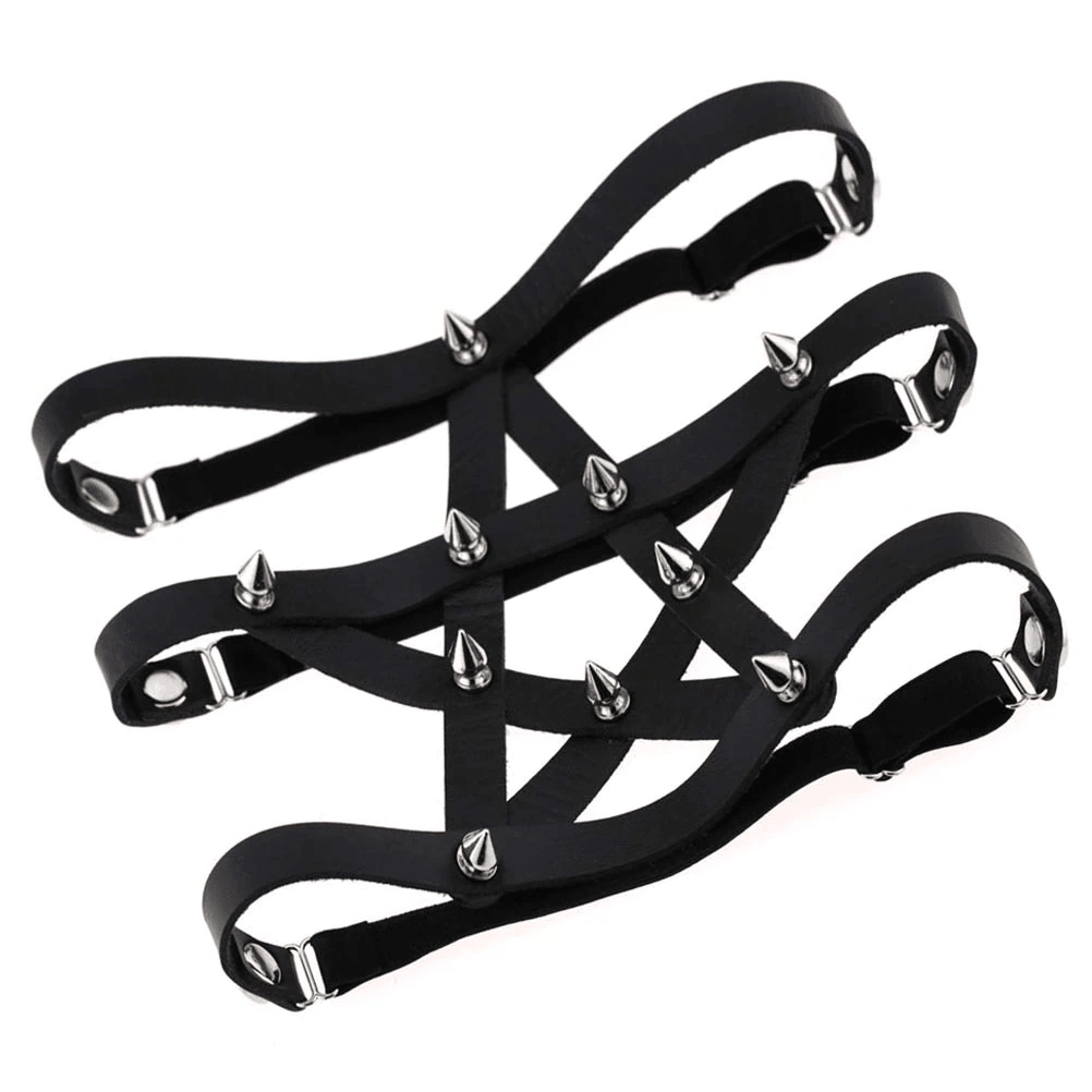 Goth Heart Pentagram Garter Belt, Sexy Leather Harness Leg Choker For Women - Wonder Skull