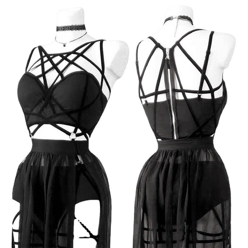 Gothic 3 Piece Straps Dress, Sexy Sling Sleeveless Vestido Set For Women - Wonder Skull