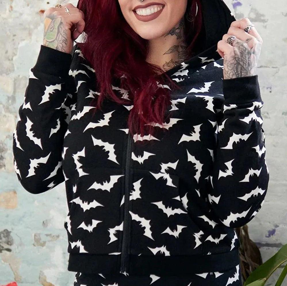 Gothic Bat Zip Hoodie, Fashionable Print Long Sleeve Costume For Women - Wonder Skull