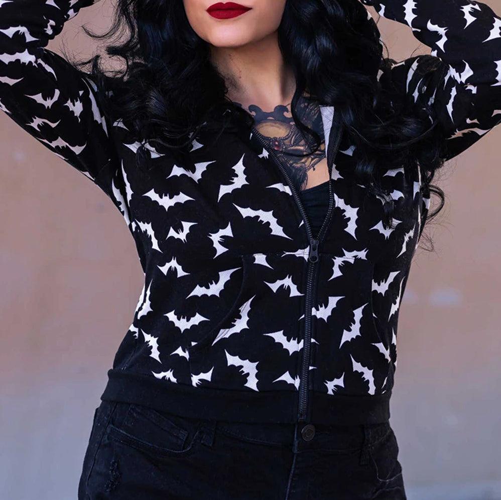 Gothic Bat Zip Hoodie, Fashionable Print Long Sleeve Costume For Women - Wonder Skull