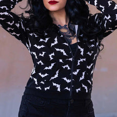 Gothic Bat Zip Hoodie, Fashionable Print Long Sleeve Costume For Women - Wonder Skull