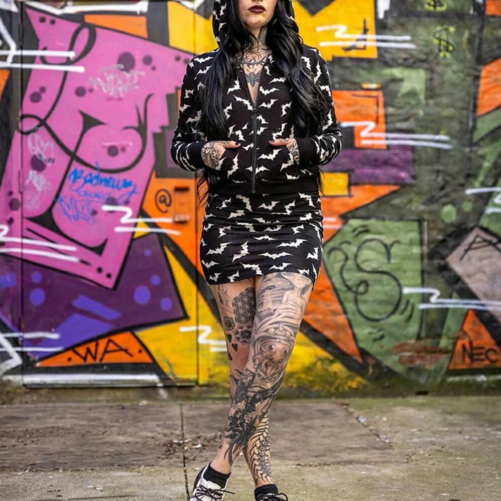 Gothic Bat Zip Hoodie, Fashionable Print Long Sleeve Costume For Women - Wonder Skull