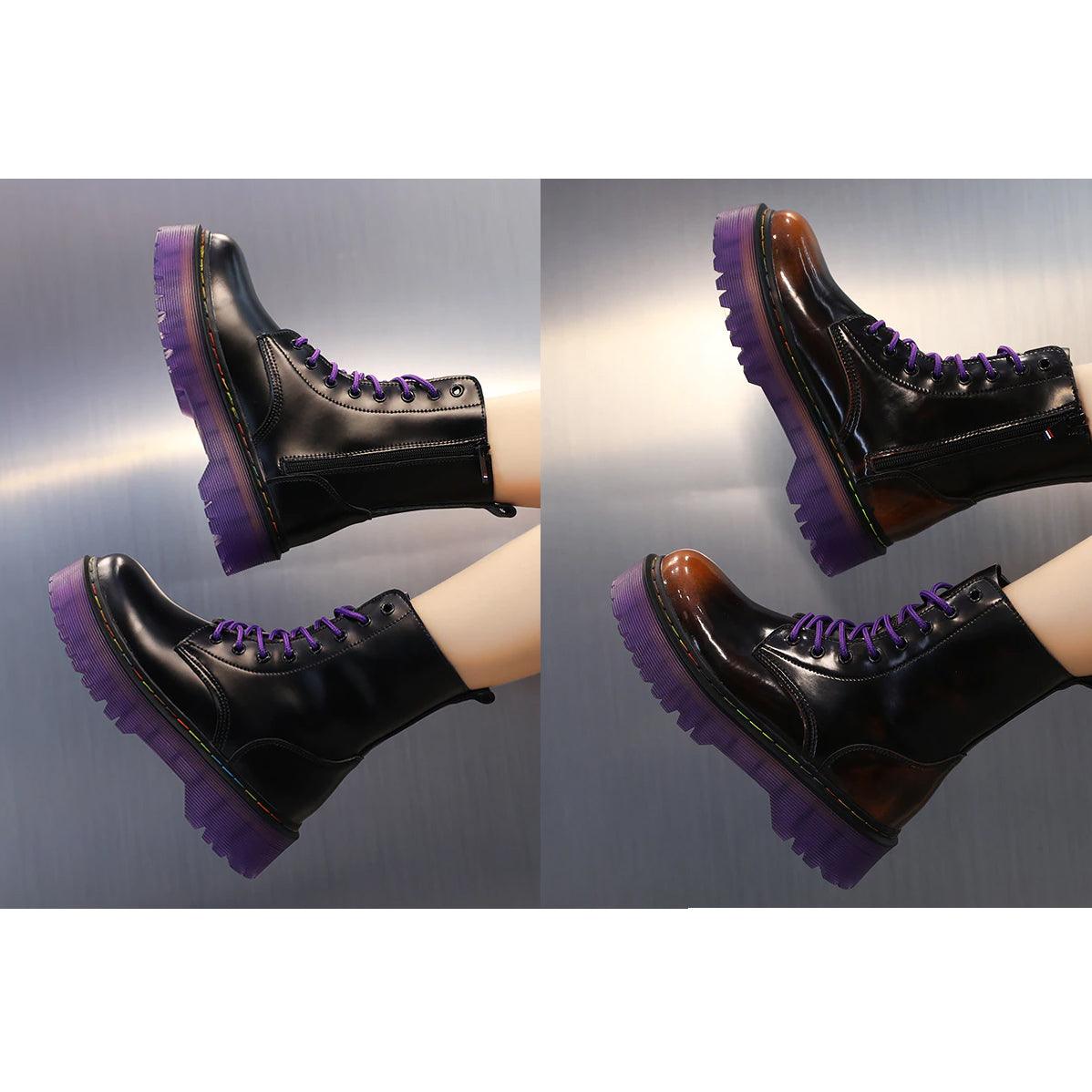 Gothic Leather Black Purple Boots, Impressive Casual Footwear For Women - Wonder Skull
