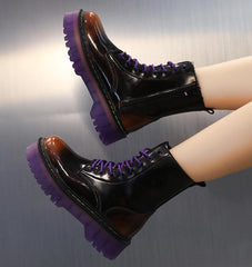 Gothic Leather Black Purple Boots, Impressive Casual Footwear For Women - Wonder Skull
