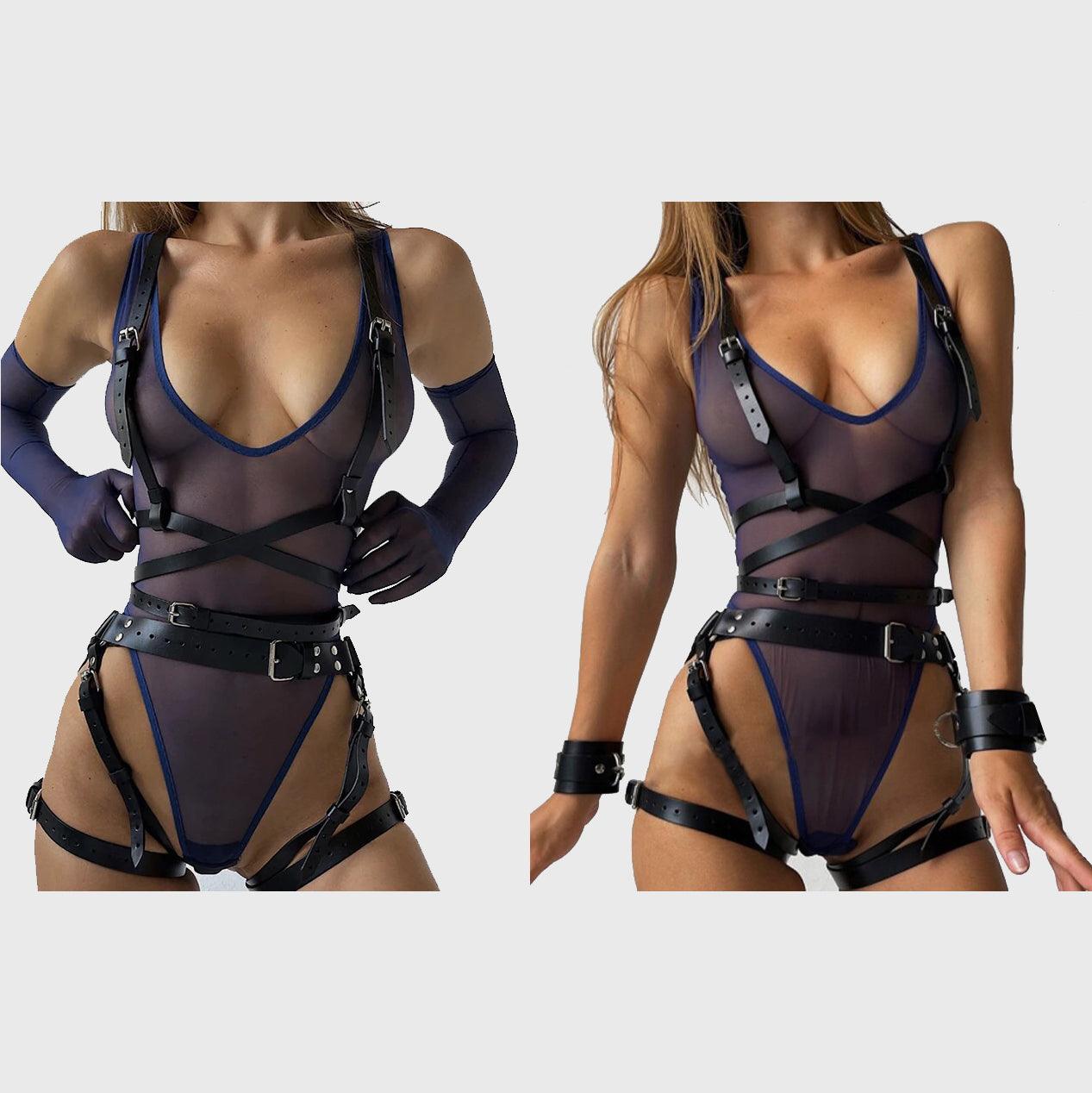 Gothic Pu Leather Harness Set, Savage Top Bottom Body Bondage Lingerie For Women - Wonder Skull