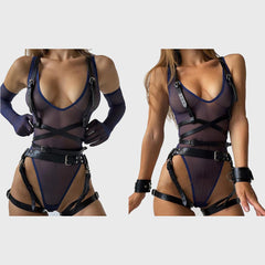 Gothic Pu Leather Harness Set, Savage Top Bottom Body Bondage Lingerie For Women - Wonder Skull