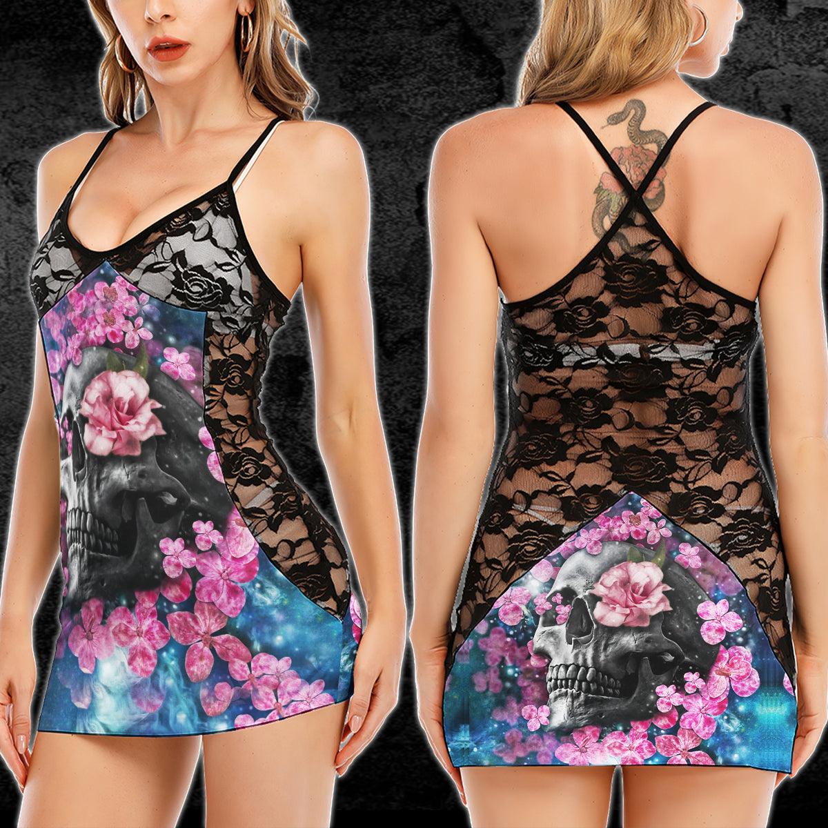 Gothic Skull Pink Rose Lace Cami Dress - Wonder Skull