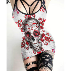 Grunge Red Skull Printed Body Dress, Naughty Sleeveless Minidress For Women-Wonder Skull