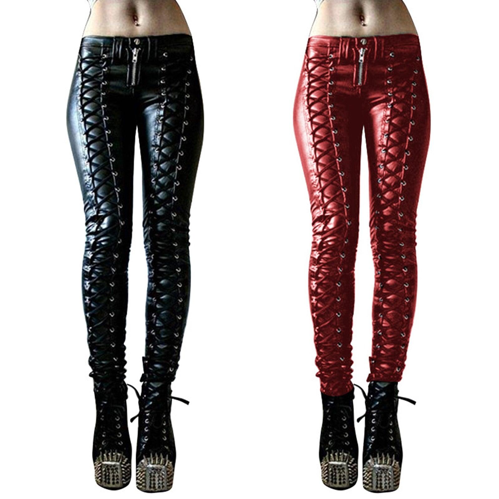 Black Faux Leather Pants, Amazing Gothic Leggings For Women - Wonder Skull