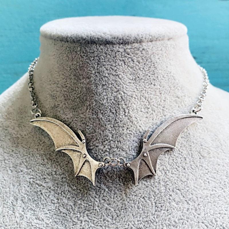 Goth Bat Wings Pendant Necklace, Dark Fashion Jewelry For Women - Wonder Skull