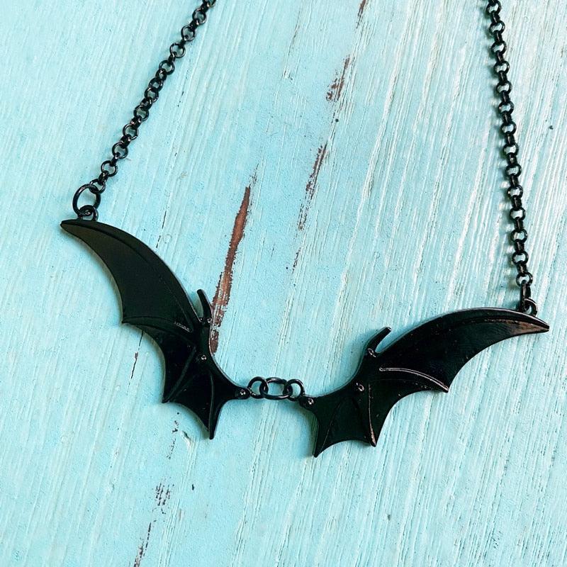 Goth Bat Wings Pendant Necklace, Dark Fashion Jewelry For Women - Wonder Skull