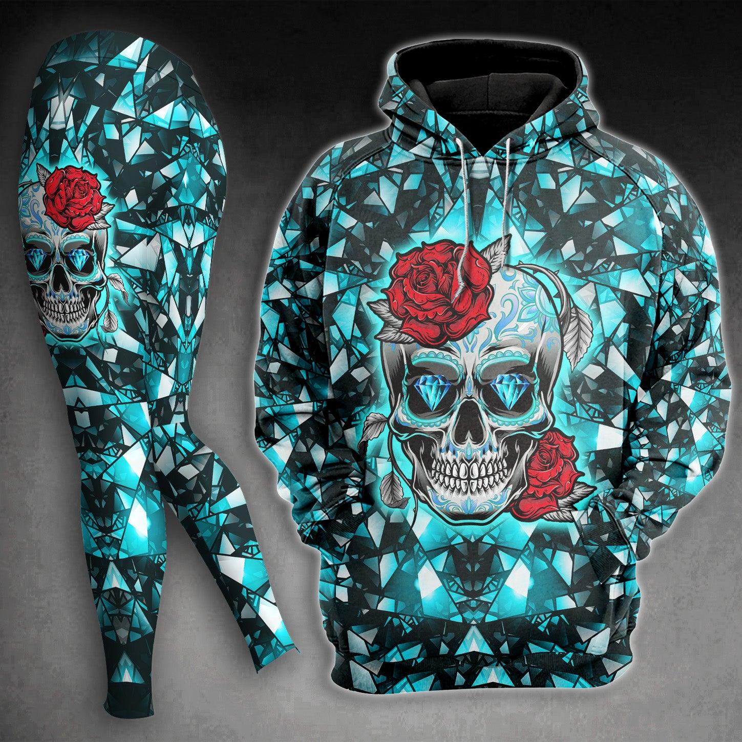 Crack Cyan Skull Rose Combo Hoodie and Leggings - Wonder Skull