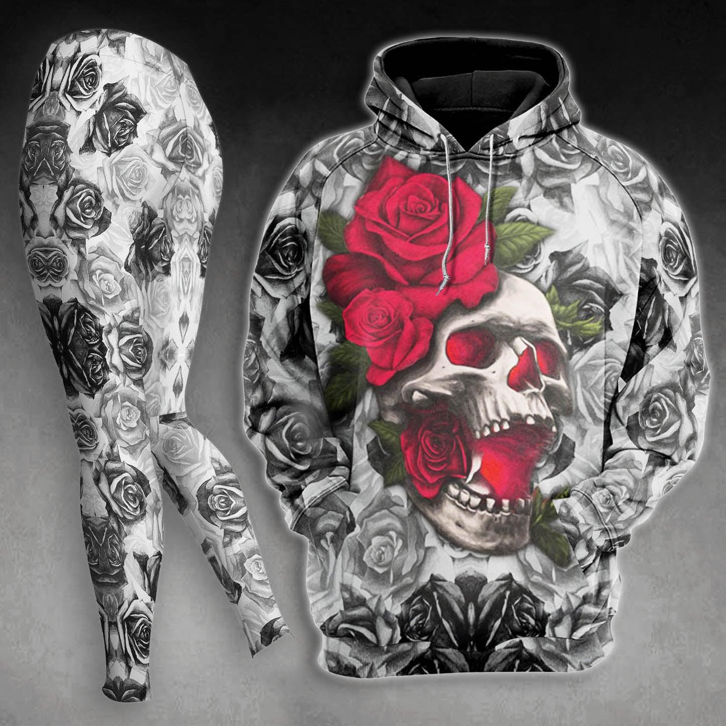 Skull Rose Pattern Gothic Combo Hoodie and Leggings - Wonder Skull