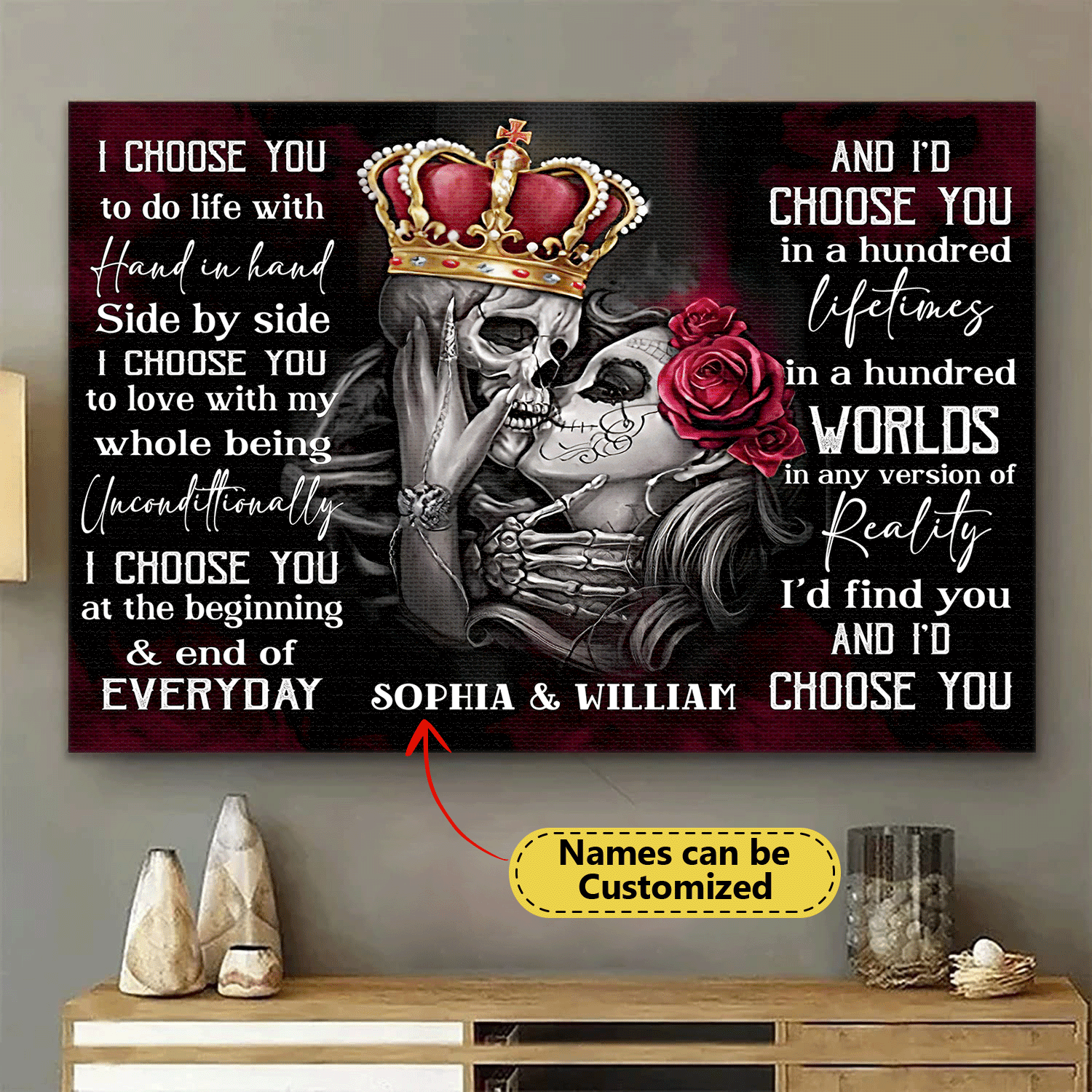 I Choose You - Gothic Skull Crown Personalized Horizontal Canvas - Wonder Skull