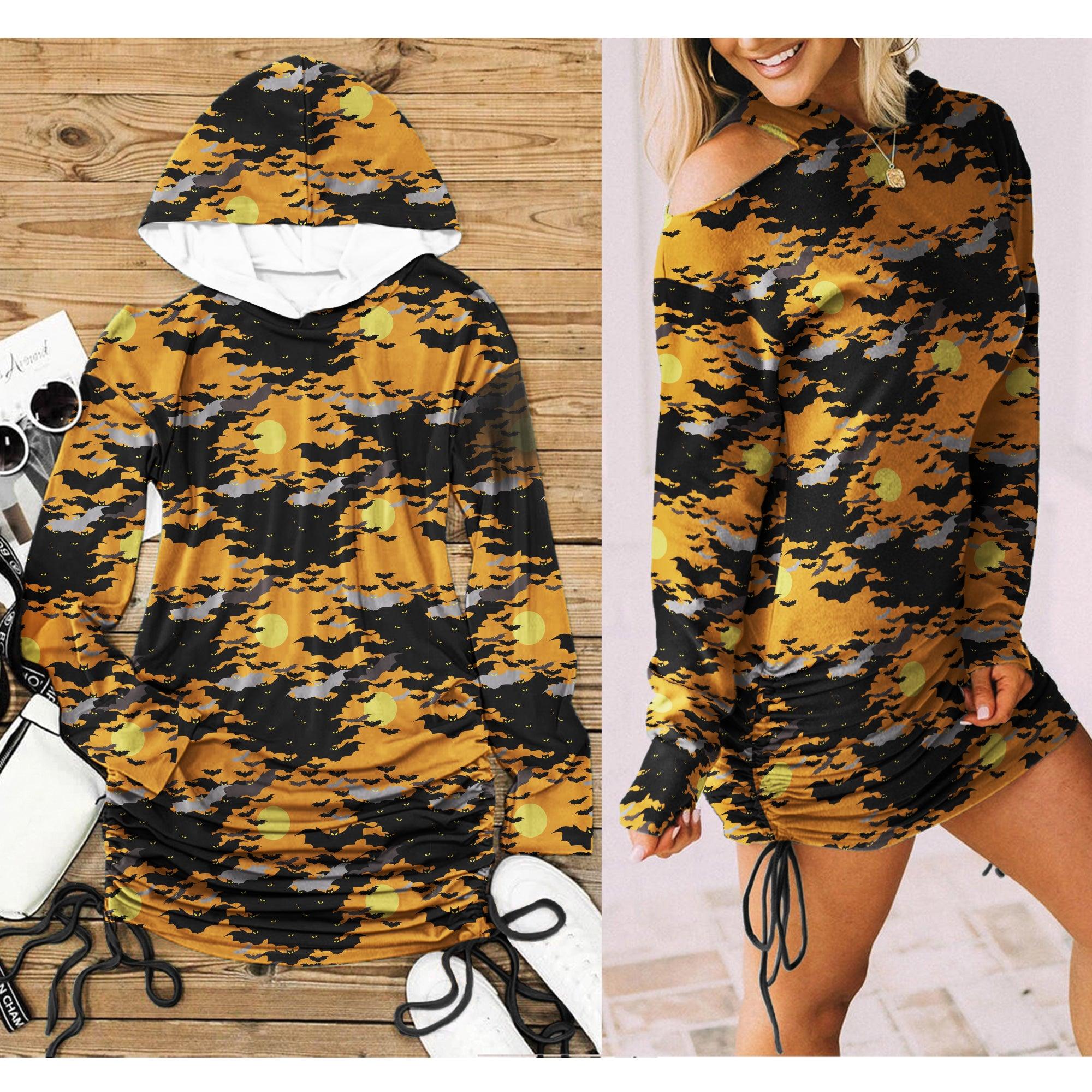 Halloween Bat Crowded All Over Print Women One Shoulder Dress With Waist Shirring, Long Hoodie For Women -Wonder Skull