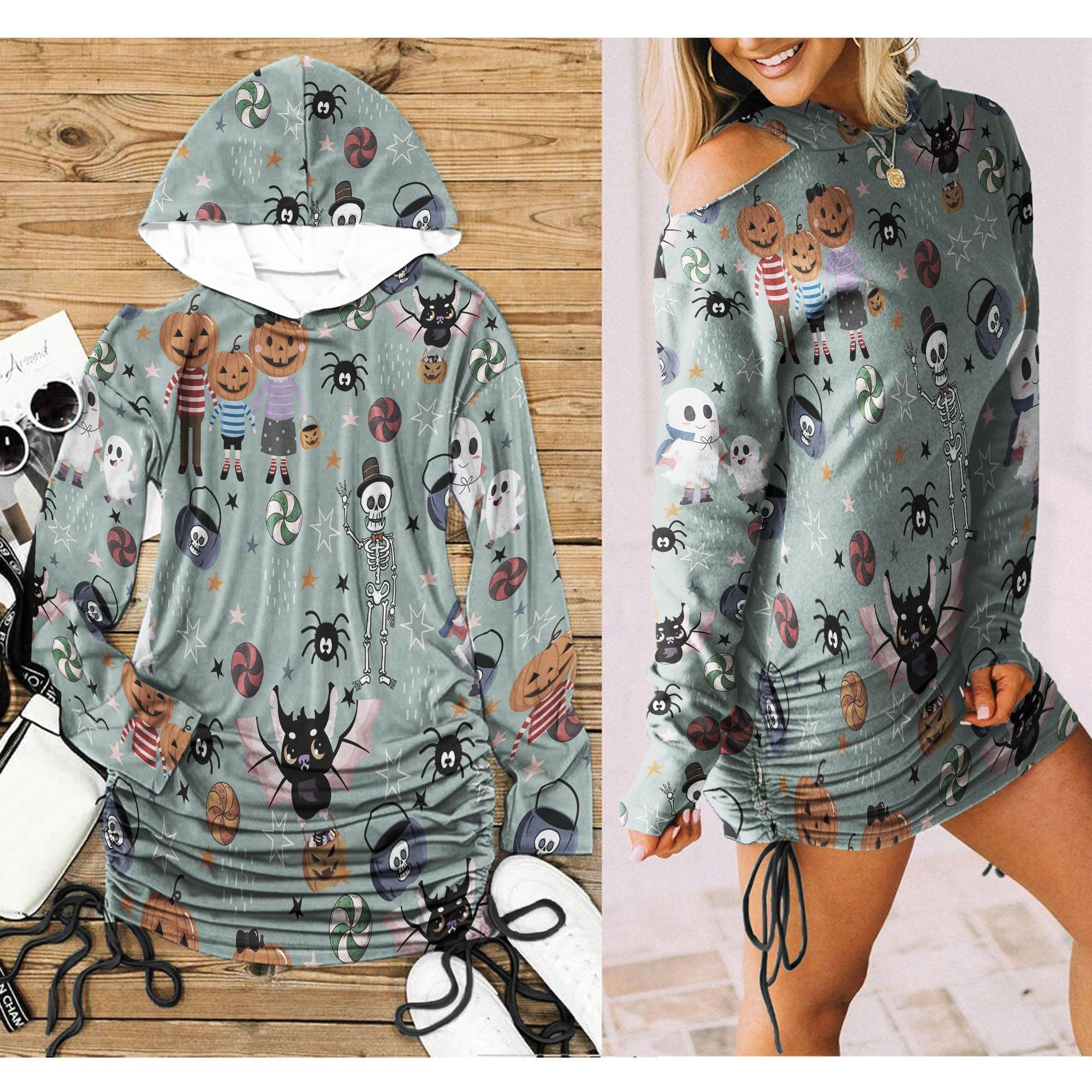 Halloween Funny Pumpkin All-Over Print Women One Shoulder Dress With Waist Shirring, Hot Long Hoodie - Wonder Skull