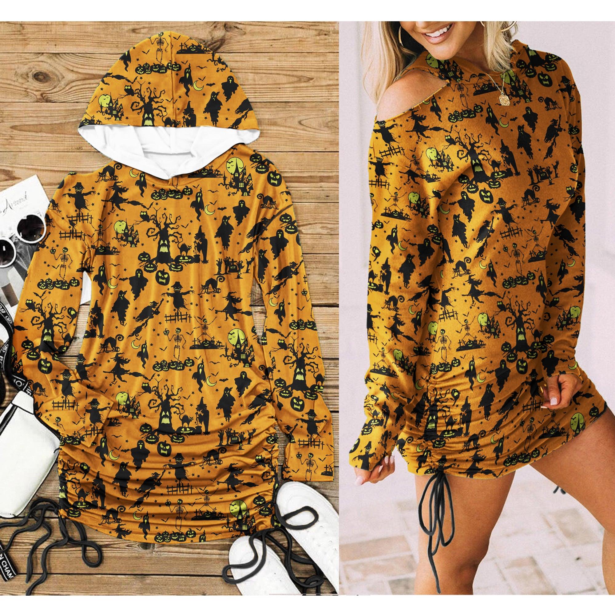 Halloween Witchy Night All Over Print Women One Shoulder Dress With Waist Shirring, Long Hoodie For Women - Wonder Skull