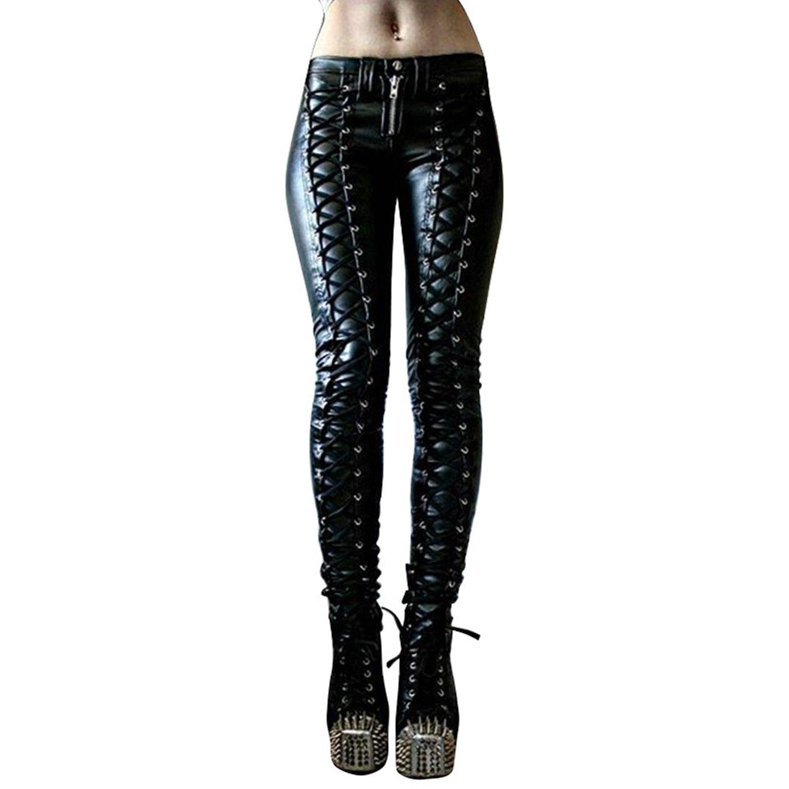Black Faux Leather Pants, Amazing Gothic Leggings For Women - Wonder Skull