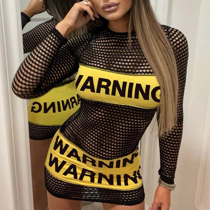 Hot Black Yellow Warning You Mini Dresses - Wonder Skull