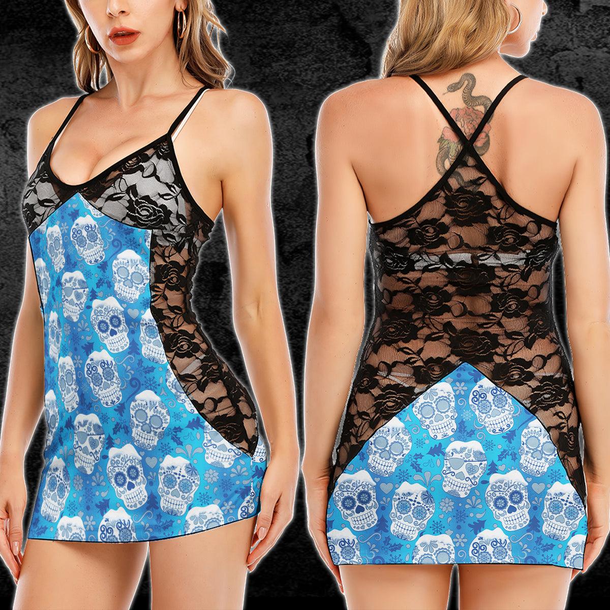Hot Ice Blue Skull Pattern Lace Cami Dress - Wonder Skull