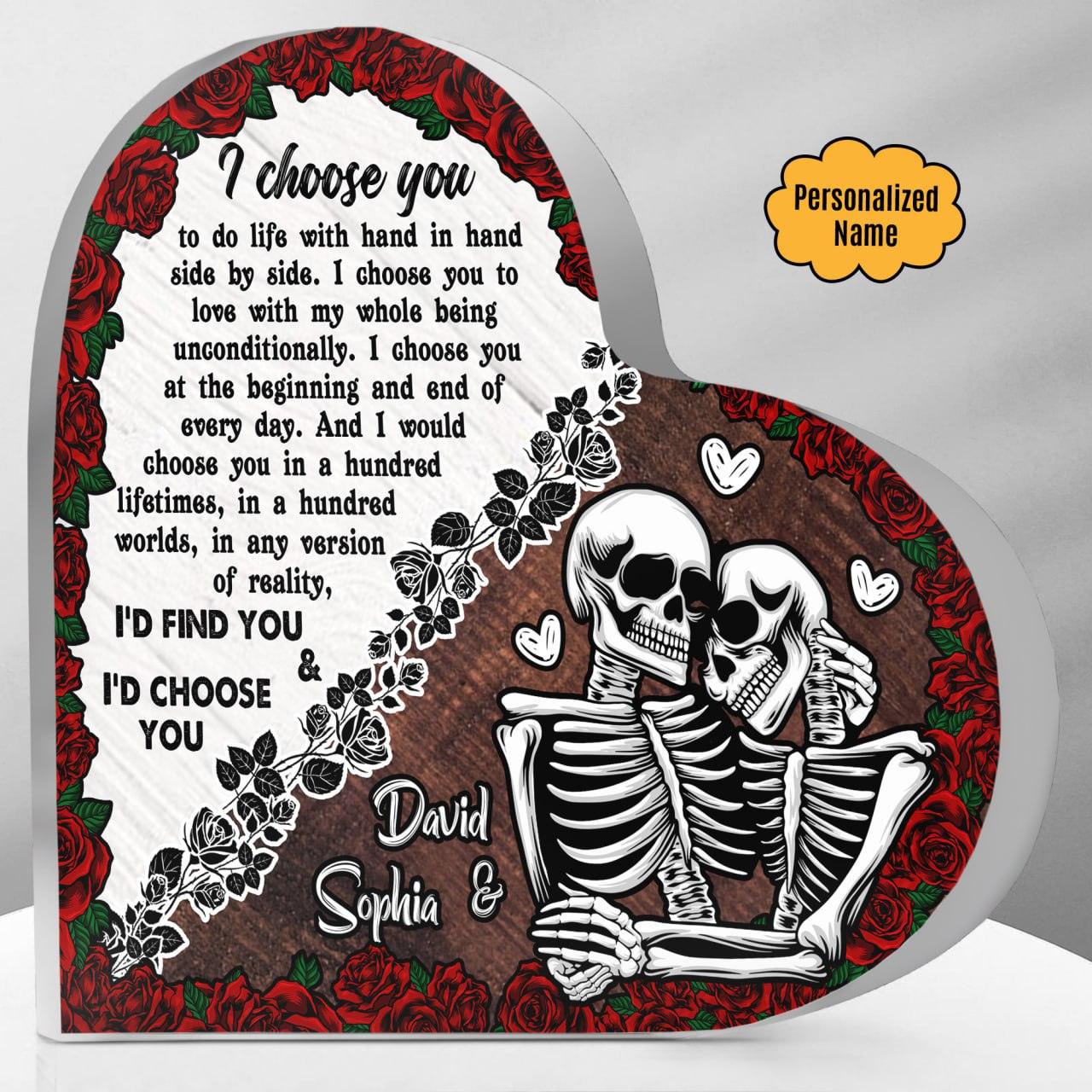 I Choose You - Customized Skull Couple Crystal Heart Anniversary Gifts - Wonder Skull