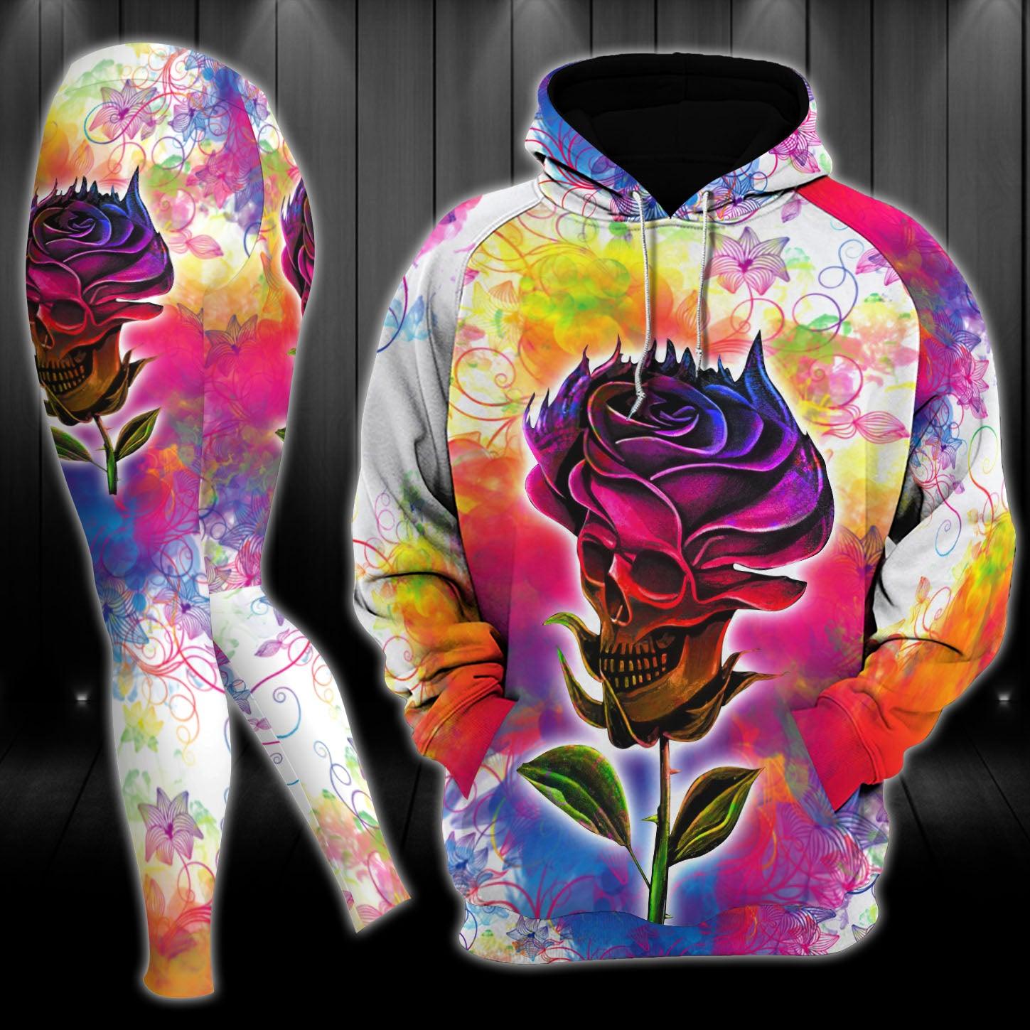 Rose Skull Gothic Colorful Artwork Combo Hoodie and Leggings - Wonder Skull
