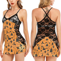 Halloween Pumpkin Castle Pattern All-Over Print Women Black Lace Cami Dress, Sexy Nightwear For Women - Wonder Skull