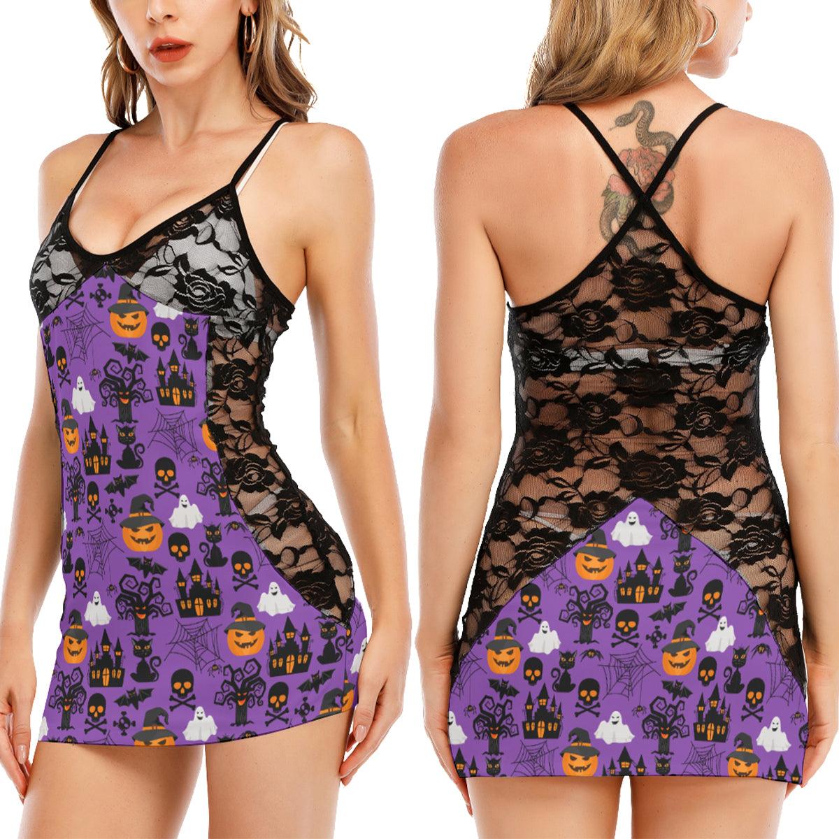 Halloween Purple Black Pattern All-Over Print Women Black Lace Cami Dress, Sexy Nightwear For Women - Wonder Skull