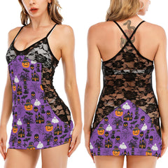 Halloween Purple Black Pattern All-Over Print Women Black Lace Cami Dress, Sexy Nightwear For Women - Wonder Skull
