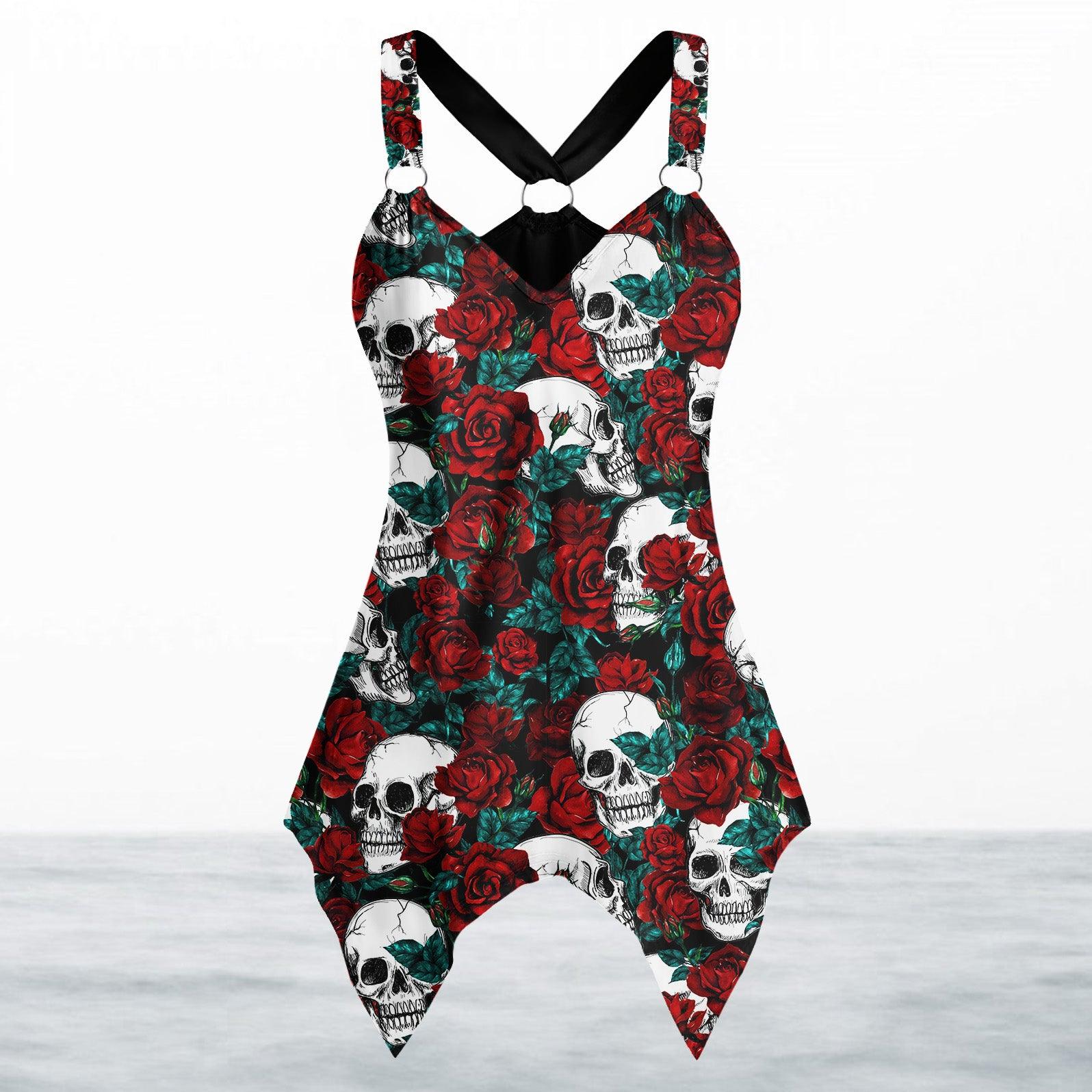 Rose Skull Pattern Women's Racing Tank Top With Irregular - Wonder Skull