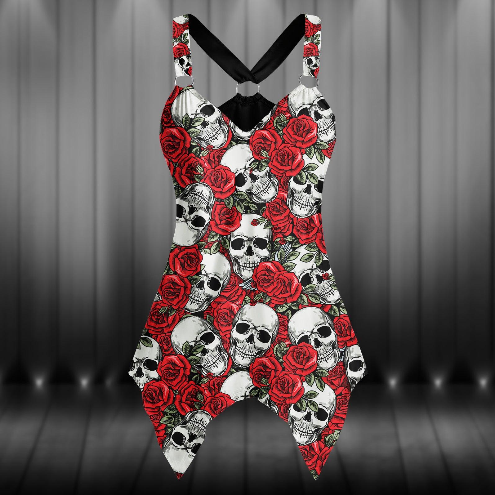 Rose Skull Pattern Gothic Women's Racing Tank Top With Irregular - Wonder Skull