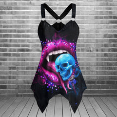 Pink Lips Skull Gothic Women's Racing Tank Top With Irregular - Wonder Skull