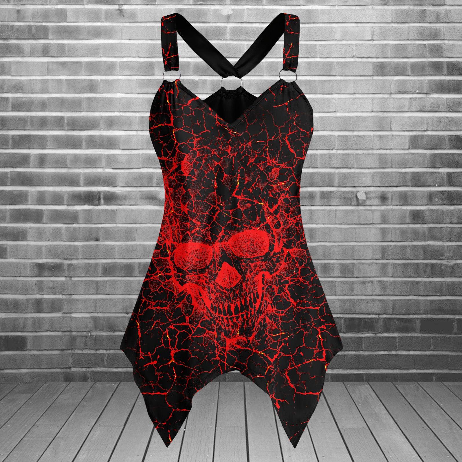 Red Crack Skull Gothic Women's Racing Tank Top With Irregular - Wonder Skull