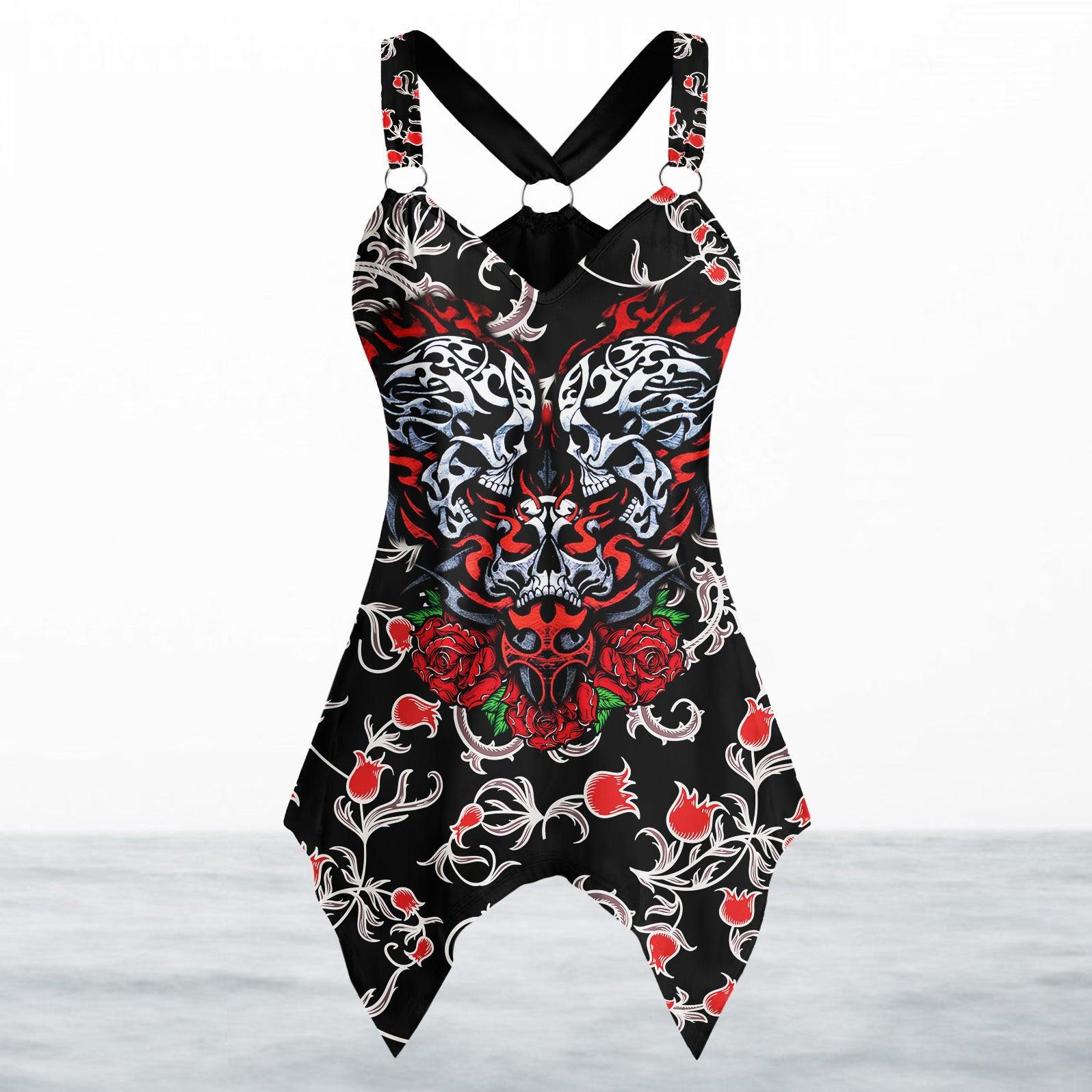 Rose Skull Sugar Women's Racing Tank Top With Irregular - Wonder Skull