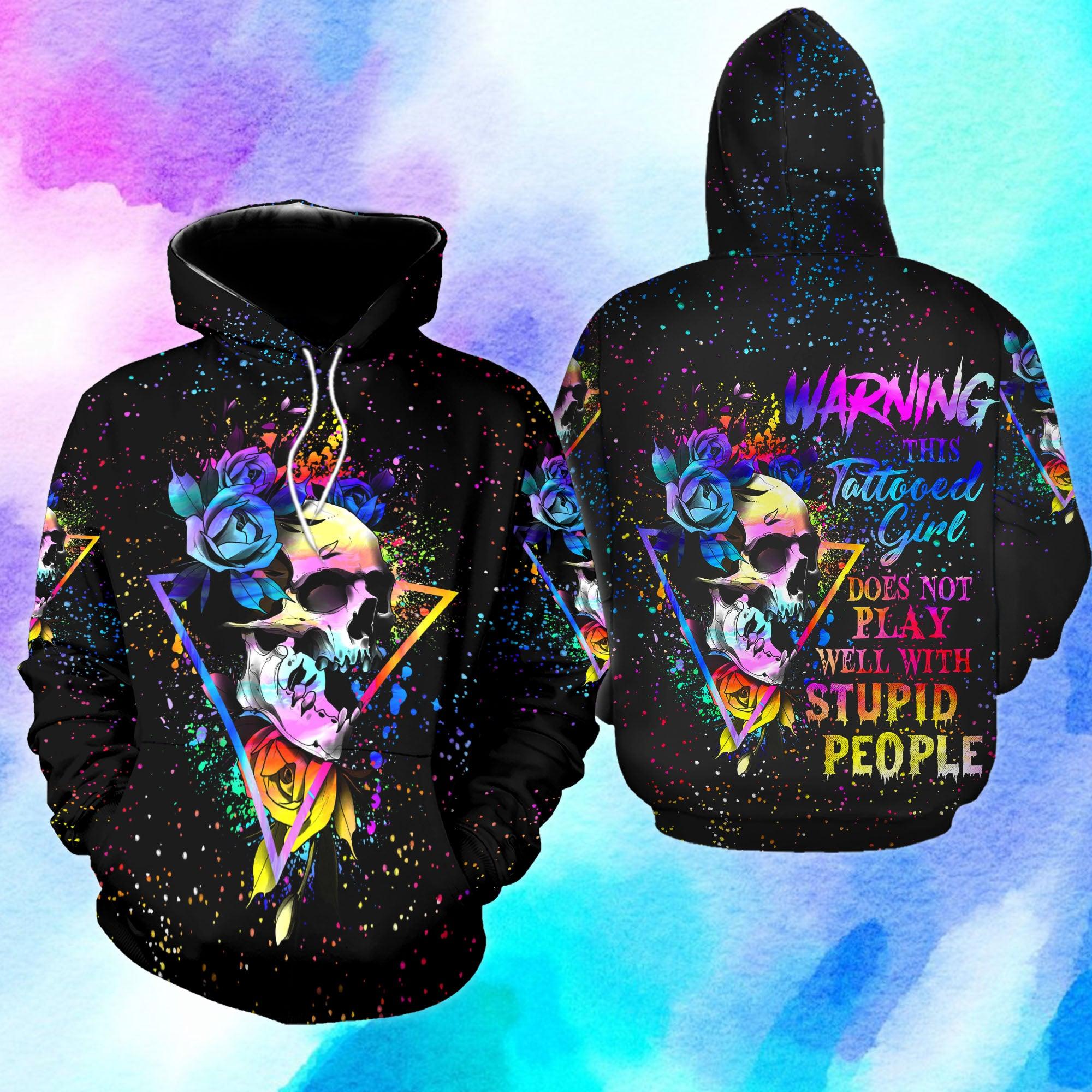 Warning This Tattooed Girl Colorful Skull Funny Hoodie For Women - Wonder Skull