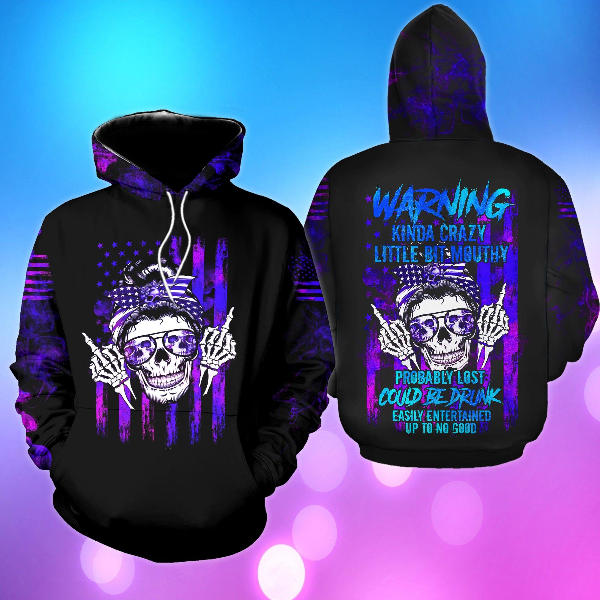 Skull Mom Warning Kinda Crazy Little Bit Mouthy Funny Hoodie For Women - Wonder Skull