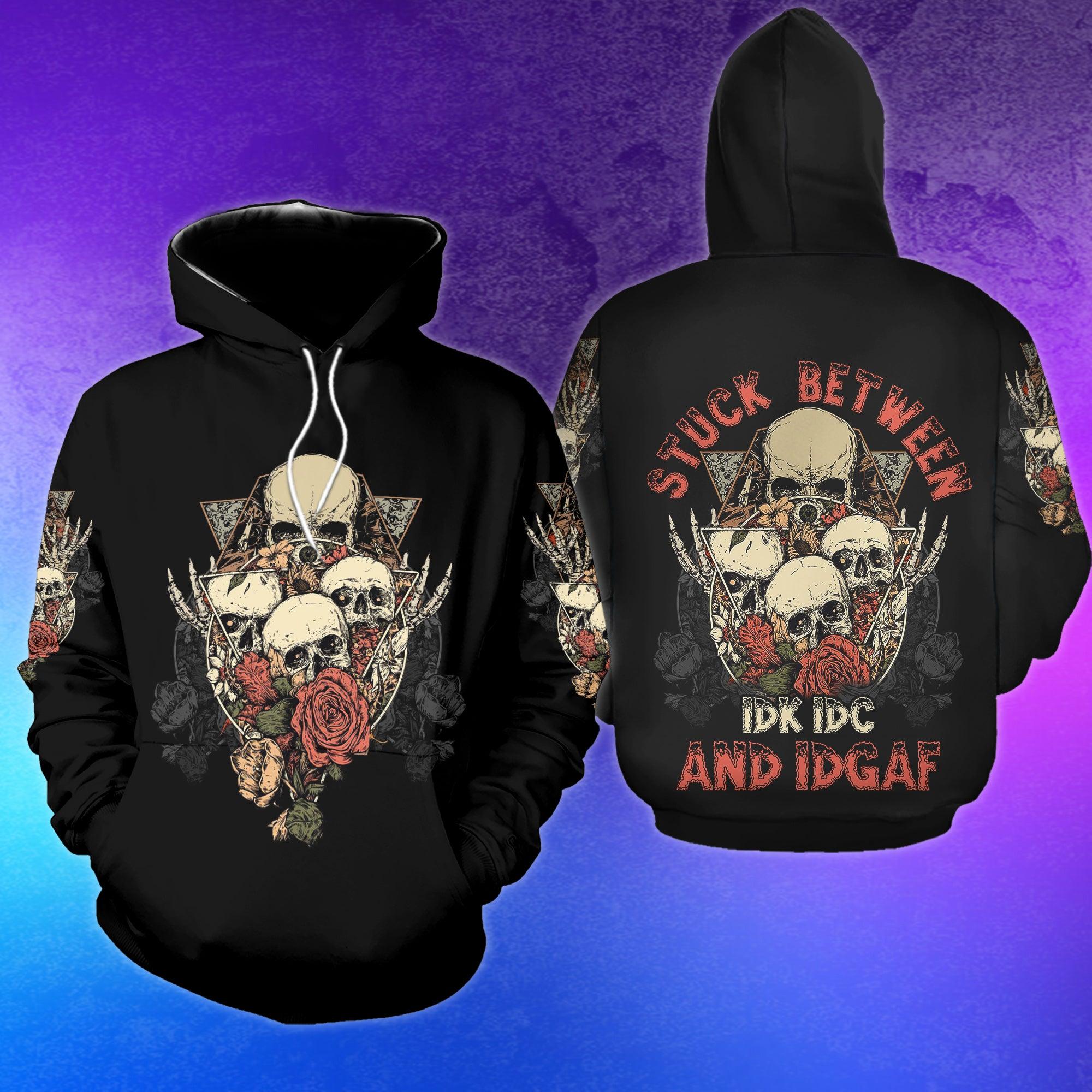 Stuck Between IDK IDC And IDGAF Funny Hoodie For Women - Wonder Skull