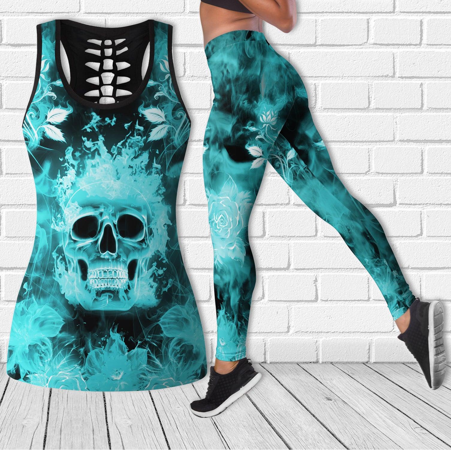 Cool Flower Skull Pattern Cyan Combo Tanktop & Leggings - Wonder Skull