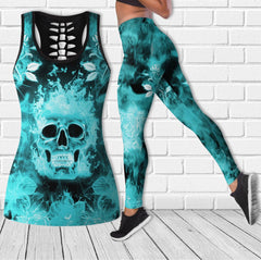 Cool Flower Skull Pattern Cyan Combo Tanktop & Leggings - Wonder Skull