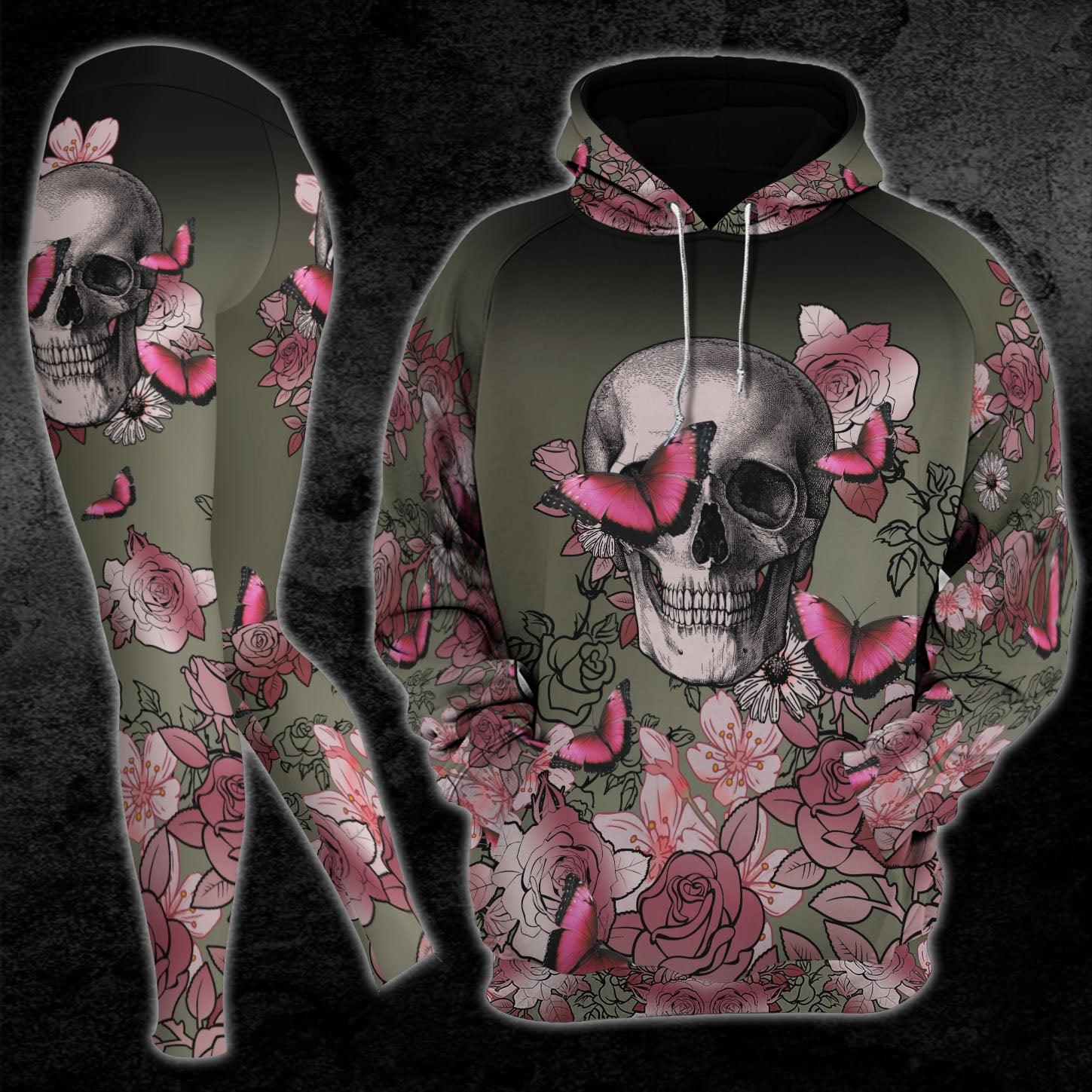 Skull Rose Butterfly Pink Combo Hoodie and Leggings - Wonder Skull