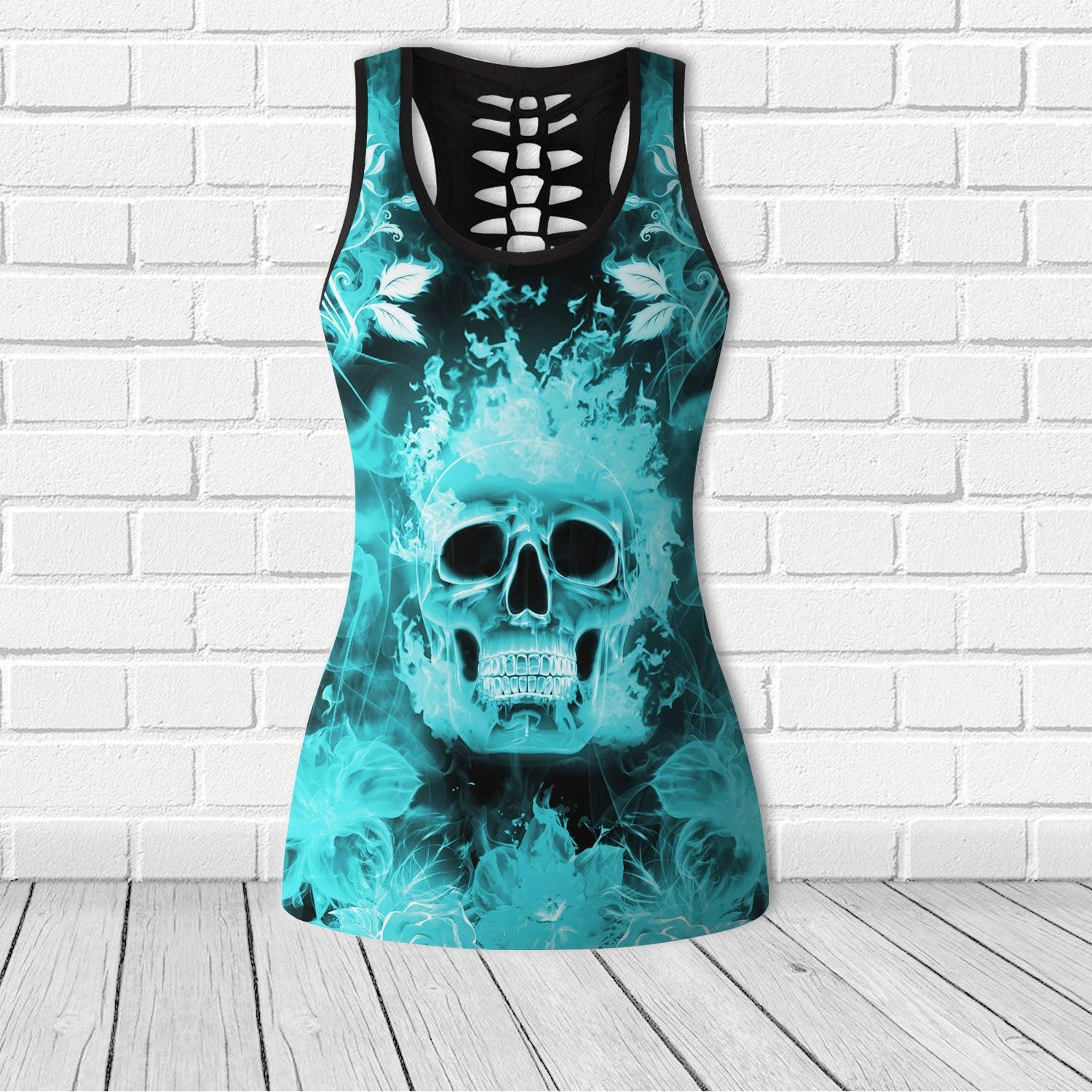 Cool Flower Skull Pattern Cyan Combo Tanktop & Leggings - Wonder Skull