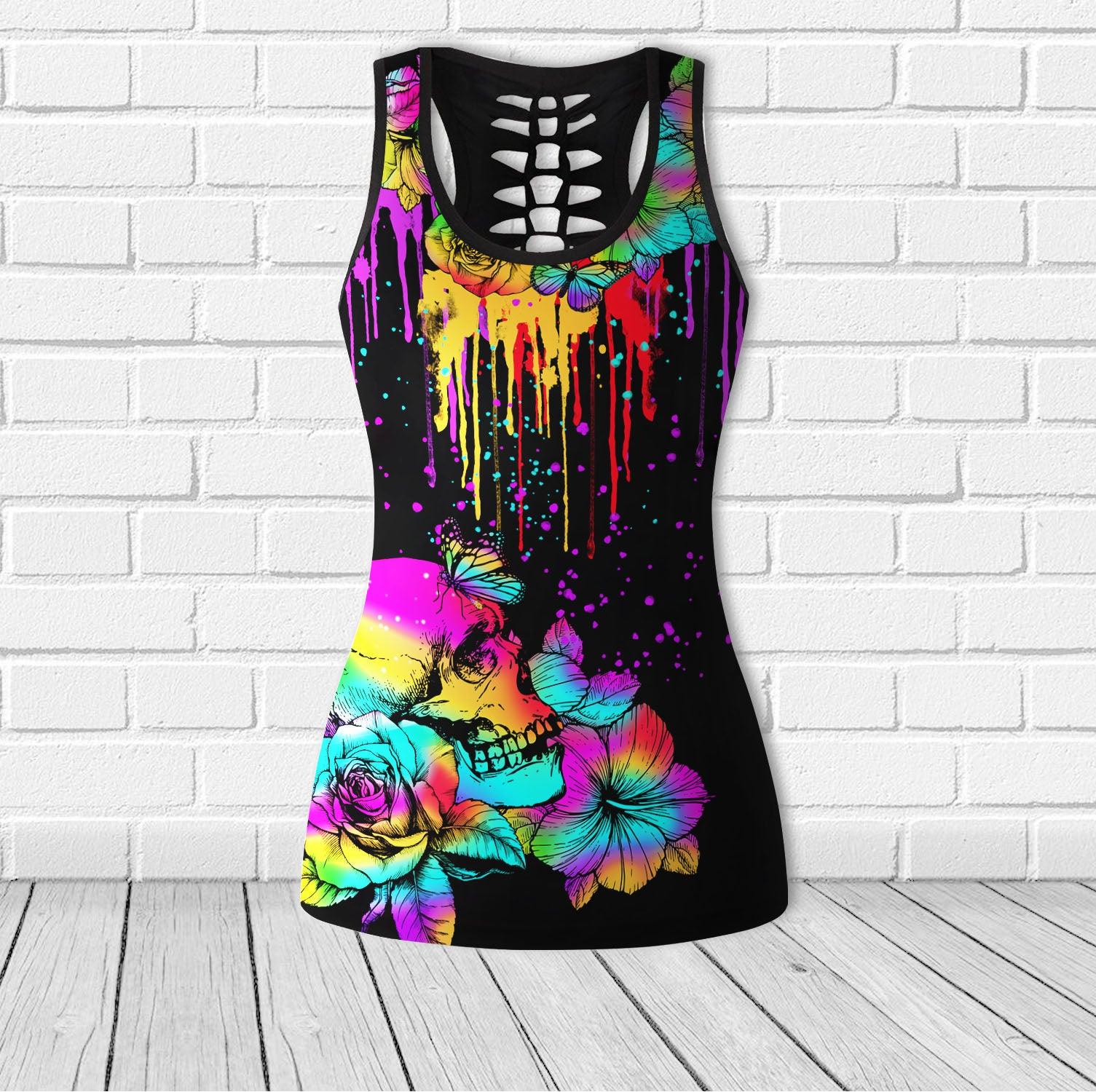 Skull Colorful Flower Cool Combo Tanktop & Leggings Yoga - Wonder Skull