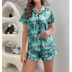 Cool Skull Flower Pattern Sexy Pajama Sets With Short Sleeve - Wonder Skull