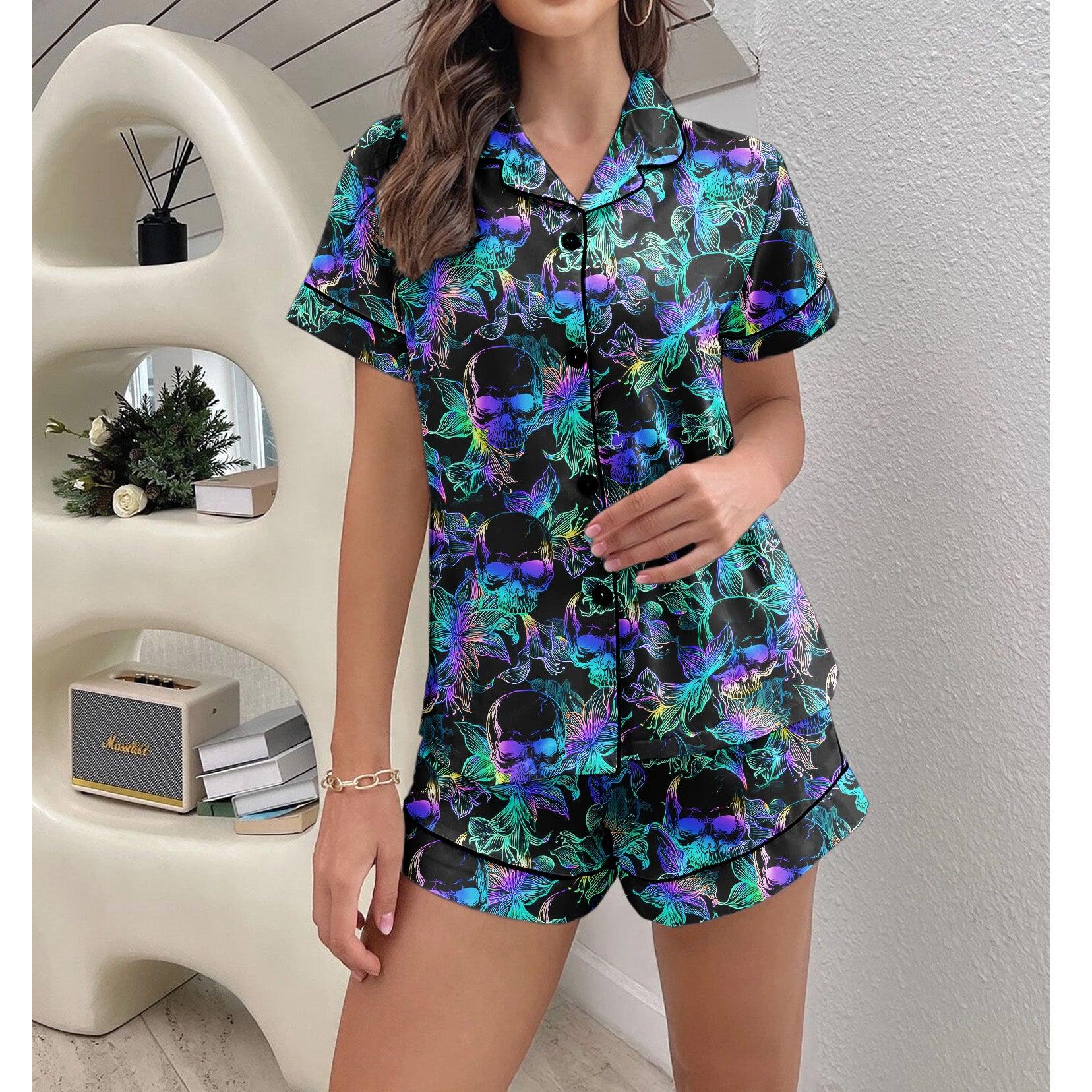 Skull Lotus Colorful Sexy Pajama Sets With Short Sleeve - Wonder Skull